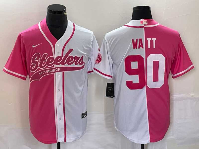 Men%27s Pittsburgh Steelers #90 TJ Watt Pink White Two Tone With Patch Cool Base Stitched Baseball Jersey->pittsburgh steelers->NFL Jersey